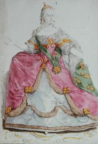 Portrett av keiserinne Catherine II (1729-96) den store av Russland, sent på 1700-tallet (farget gravering) av French School