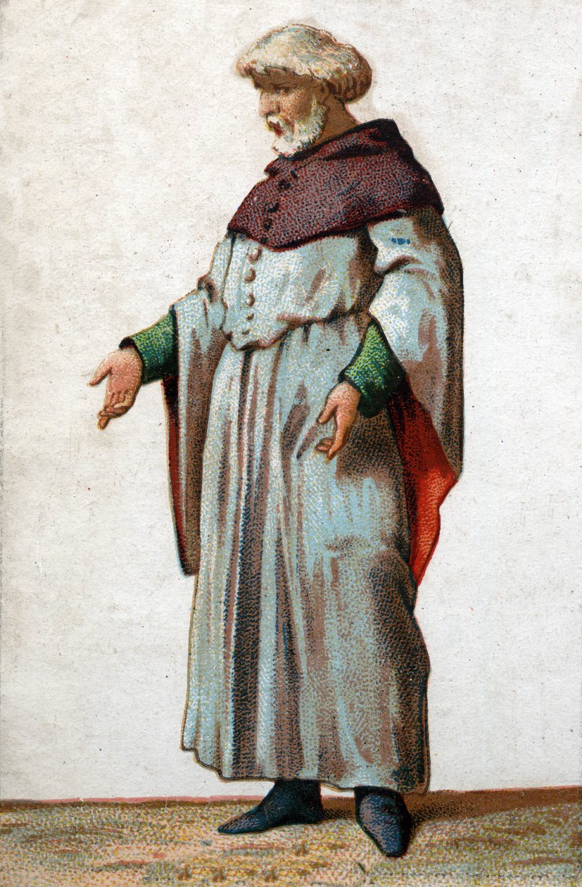 Portrett av Eustache de Saint Peter, den mest kjente av de seks borgerlige i Calais. Kromolitografi fra slutten av 1800-tallet. av French School
