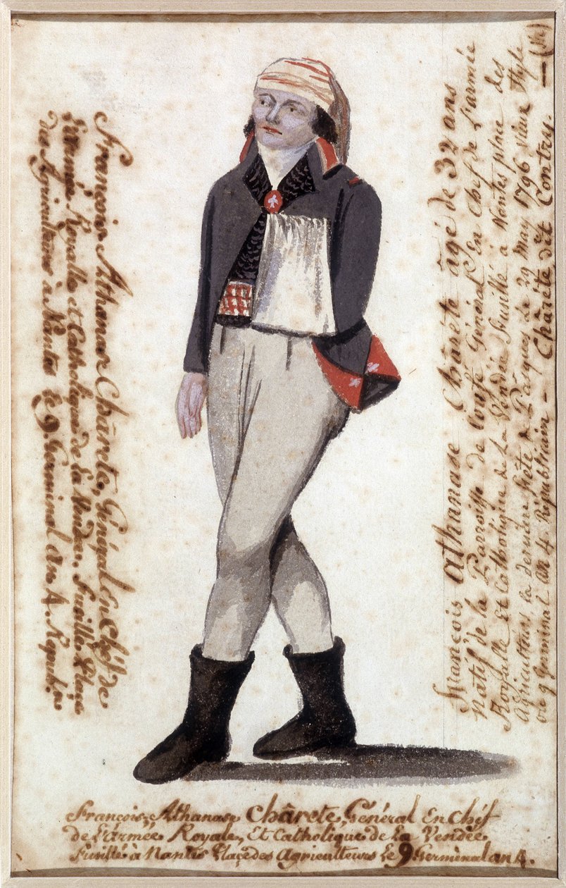 Portrett av Francois Athanase (Francois-Athanase) fra Charette de la Contrie (1763-1796), arm i et skjerf, royalistisk leder av Vendée - Musee Dobree, Nantes av French School