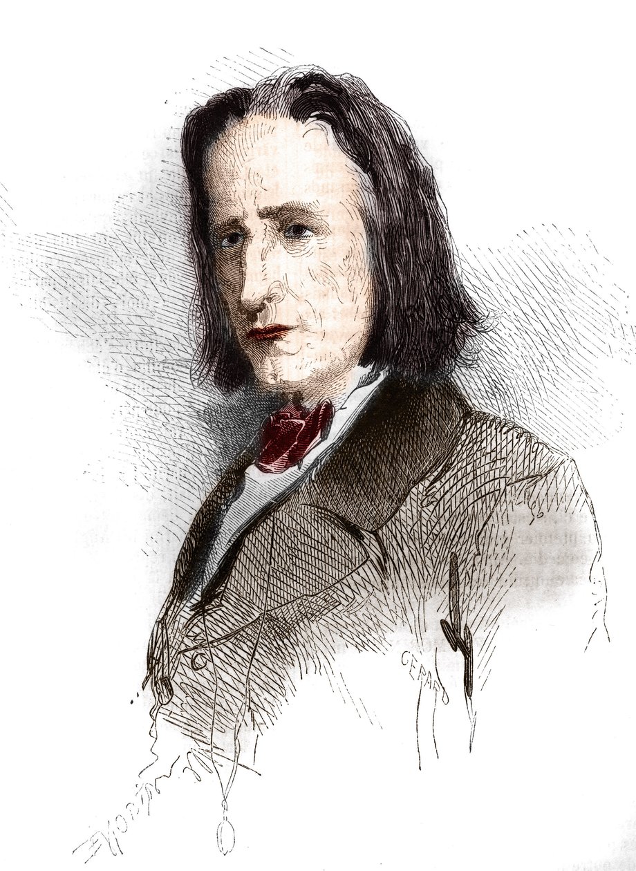 Portrett av Franz Liszt (Listz) (1811-1886), ungarsk komponist og pianist. Gravering fra 1865-1866. av French School