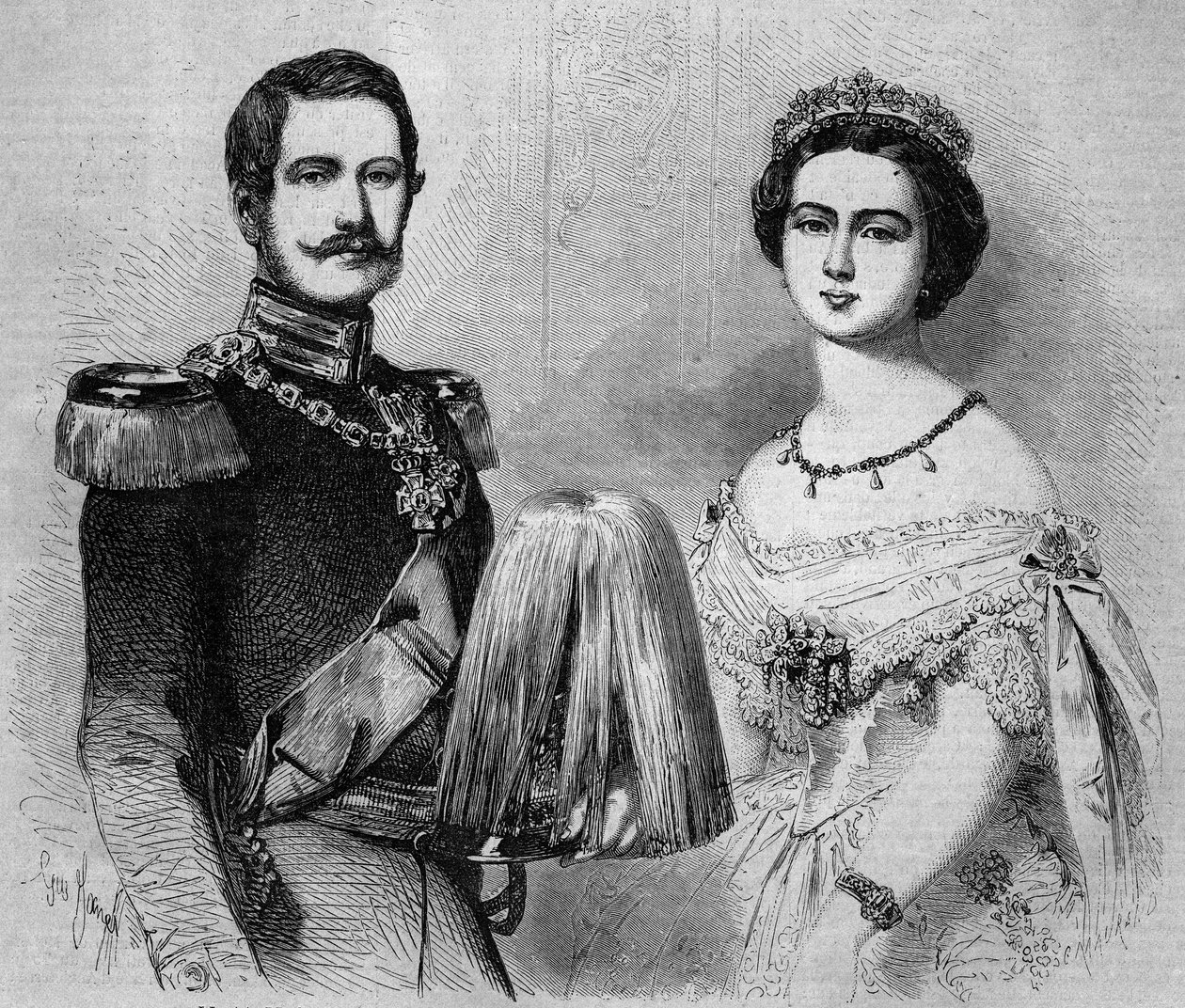 Portrett av Frederic Guilllaume av Preussen (1831-1888, fremtidig Frederic III, konge av Preussen og tysk keiser) og hans forlovede, prinsesse Victoria av England (1840-1901). Gravering i "" Le Monde Illustré"" nr. 41 av 23. januar 1858. av French School