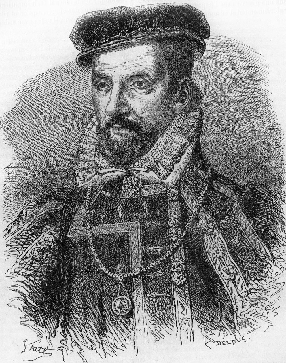 Portrait of Gaspard de Coligny, known as the Admiral de Coligny (1519-1572). In “” Histoire Populaire de la France””, sd. circa 1885. Engraving. av French School