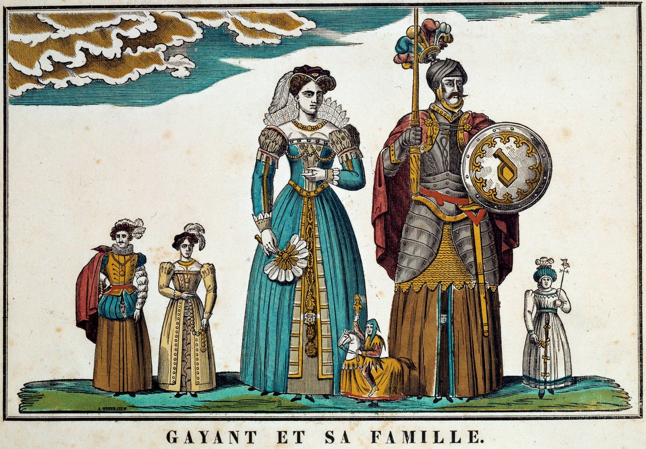 Portrett av Gayant, en gigant som symboliserer byen Douai, skildrer med familien: hans kone, Marie Cagenon, og hans tre barn, Jacquot, Fillon og Binbin. Gravering fra 1700-tallet, bilder av Belfort. Ferrand samling av French School