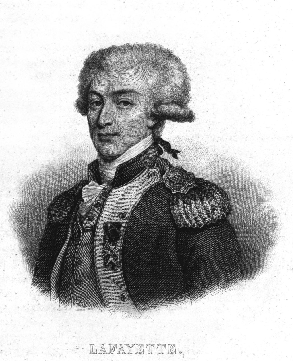 Portrett av general La Fayette (Lafayette) (1757 - 1834) - i "" Revolution francaise"" av Thiers. 1800-tallet av French School