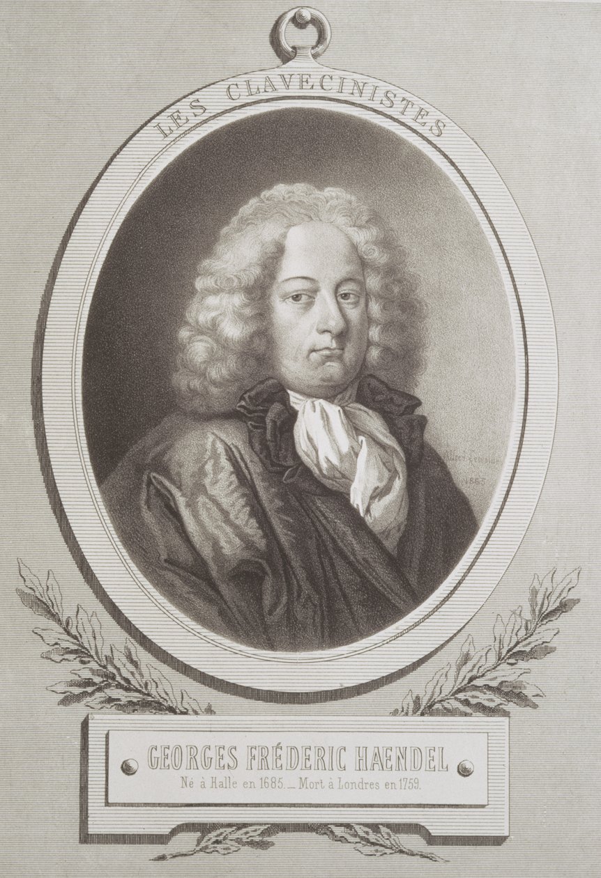 Portrett av George Frederick Handel (1685-1759) foran på et partitur av French School