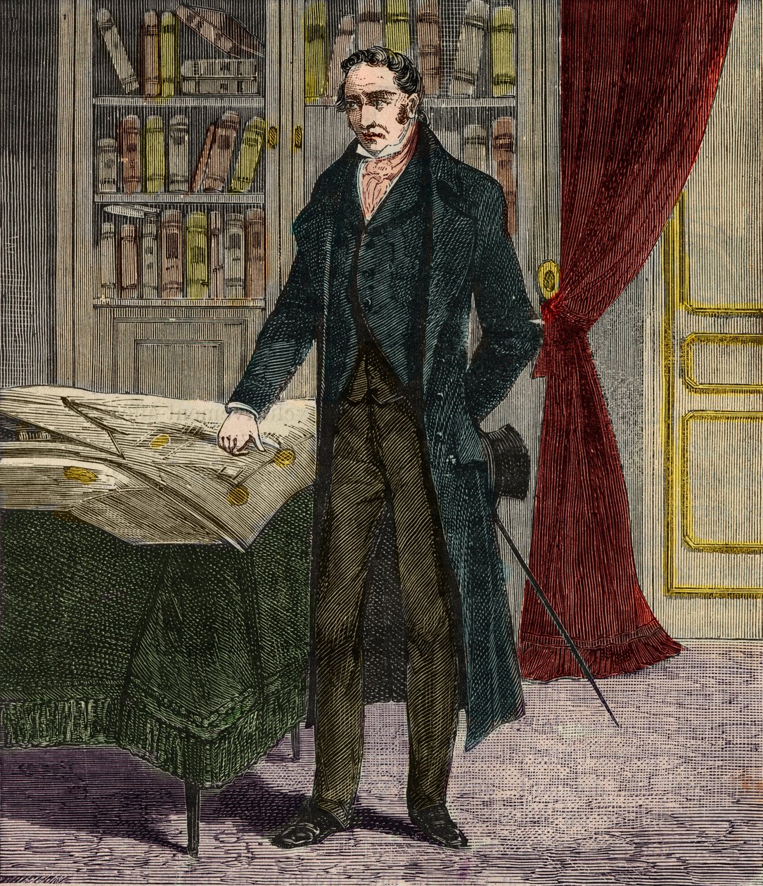 Portrait of George Stephenson (1781-1848), British engineer and pioneer of railway locomotives - Engraving in “” Sciences at the reach of all - Popular physics and chemistry” by Alexis Clerc - End 19th century - Private collection av French School