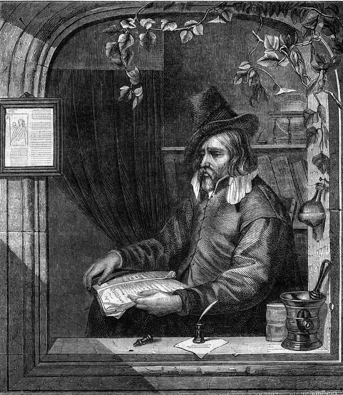 Portrett av Giulio Genoino (Genovino), som deltok sammen med Tommaso Aniello, dit Masaniello (1622-1647) i opprøret mot spanjolene i Napoli i 1647. Gravering fra 1852. av French School