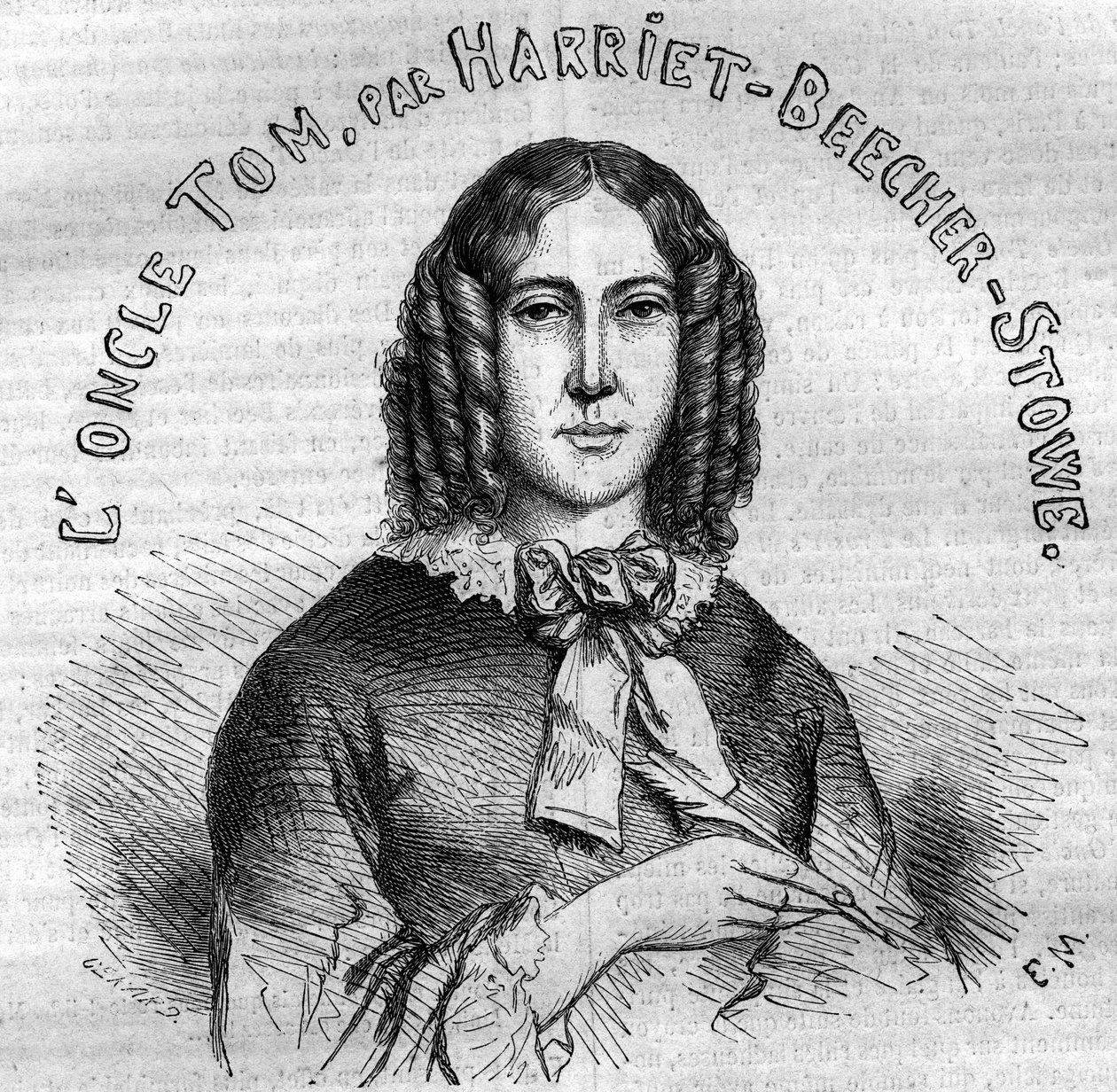 Portrett av Harriet Beecher Stowe (1811-1896), amerikansk forfatter, forfatter av Onkel Toms hytte. Gravering fra 1852. av French School