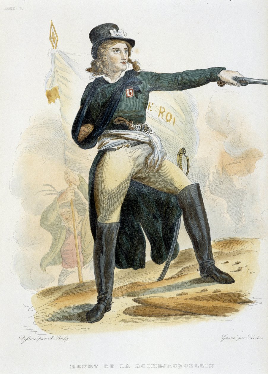 Portrett av Henri du Vergier, greve av La Rochejaquelein (eller Orchard de La Rochejacquelein) (1772-1794) med flagget "" live le roi"" (på brystet insigniene til Vendeens) - i "" Le Plutarque Français" "" av Me av French School