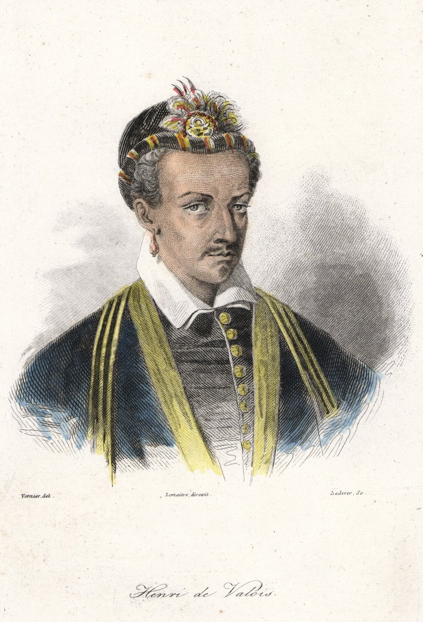 Portrett av Henrik III (1551 - 1589), konge av Frankrike. (med ørering). Gravering 1800-tallet. av French School