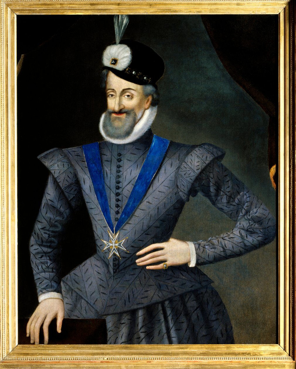 Portrett av Henrik IV (1553-1610) konge av Frankrike. Han har halskjedet med insigniene til Den Hellige Ånds Orden (Den Hellige Ånds Orden). Anonymt fransk maleri fra 1600-tallet. Olje på lerret. Mål: 0,95x1,13m. Obligatorisk omtale: Sully sur Loi av French School
