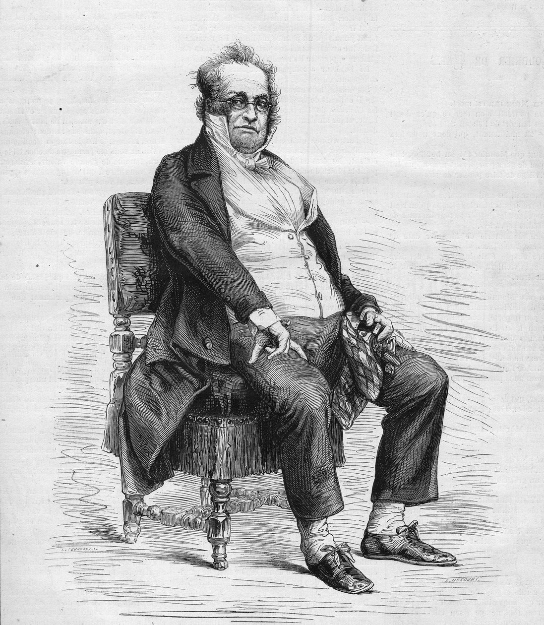 Portrett av Henry Monnier (1799-1877), fransk dramatiker, tegneserieskaper og komiker. Han er kledd som "Monsieur Prudhomme", en karakter oppfunnet av Monnier, en tegneserie av den franske borgerskapet på 1800-tallet. Gravering i "" Le Monde Illustré"" n°1 av French School