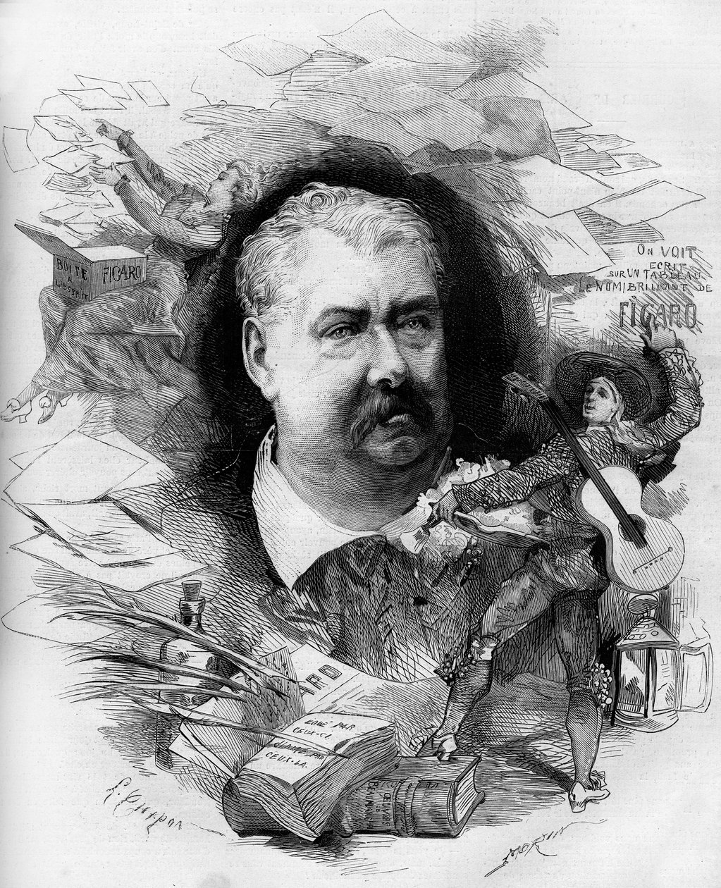 Portrait of Hippolyte de Villemessant (1810-1879), French journalist, founder of the “Figaro”. Engraving in “” Le Monde Illustré”” n°1151 of 19 April 1879. av French School