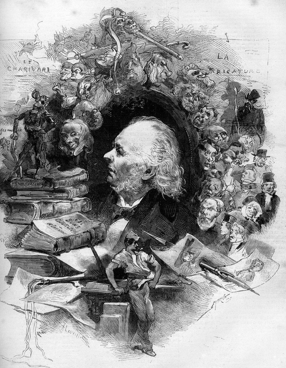 Portrett av Honore Daumier (1808-1879), fransk tegneserieskaper, maler og tegneserieskaper. Gravering i "" Le Monde Illustré"" nr. 1143 av 22. februar av French School