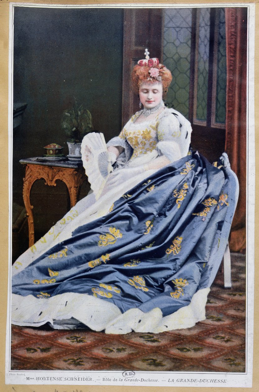 Portrett av Hortense Schneider (1833-1920) i rollen som storhertuginnen i La Grande Duchesse de Gerolstein av Jacques Offenbach (1819-90) ca. 1867 av French School