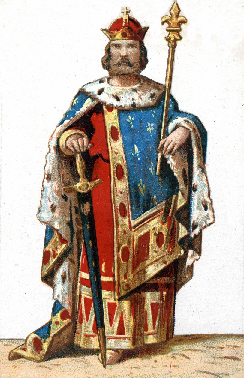 Portrett av Hugues I Capet (v. 941 - 996), hertug av Frankrike og deretter konge av Frankrike. Kromolitografi fra slutten av 1800-tallet. av French School