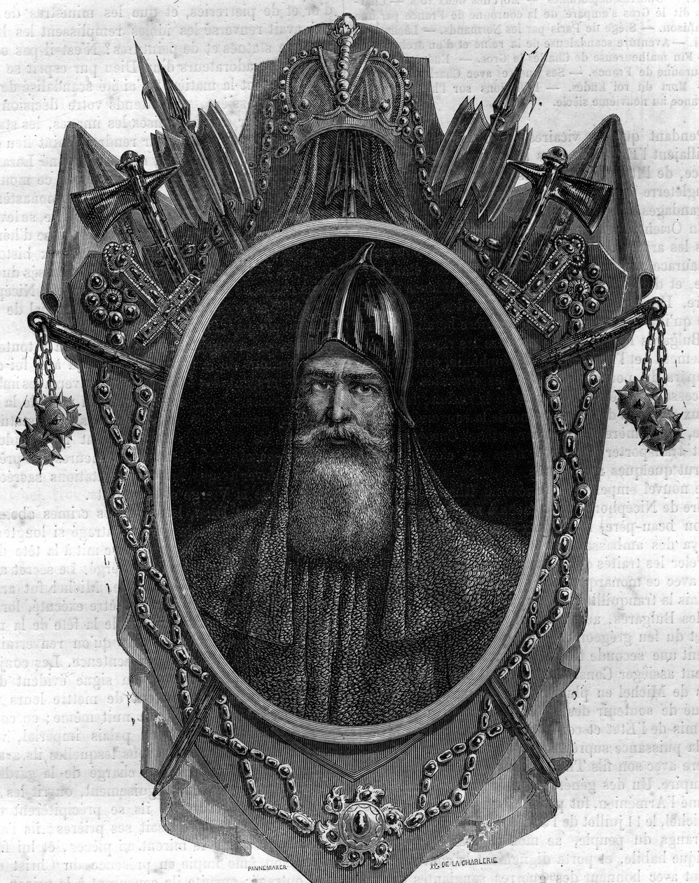Portrett av Igor, hertug av russerne, varegue-prins, suveren av "Rus" av Kiev fra 912 til 945. Gravering i "Histoire des Papes-Rois-Queen and Empereurs a travers les centuries" av Maurice Lachatre av French School