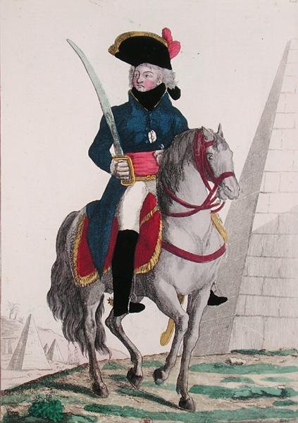 Portrett av Jean Baptiste Kleber (1753-1800) ved pyramidene, sent på 1700-tallet (farget gravering) av French School
