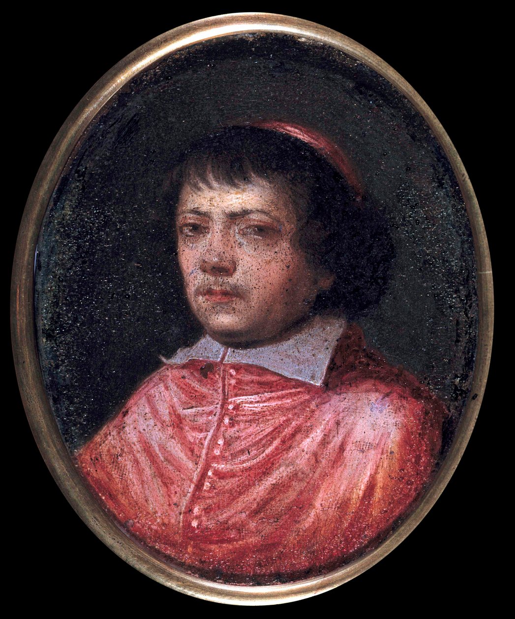 Portrett av Jean Francois Paul de Gondi (Jean-Francois-Paul de Gondy) (1614-1679) Cardinal de Retz, coadjutor of the Archeveque of Paris, Cardinal i 1651 Miniatyrmaleri fra 1600-tallet. Chantilly, Conde-museet av French School