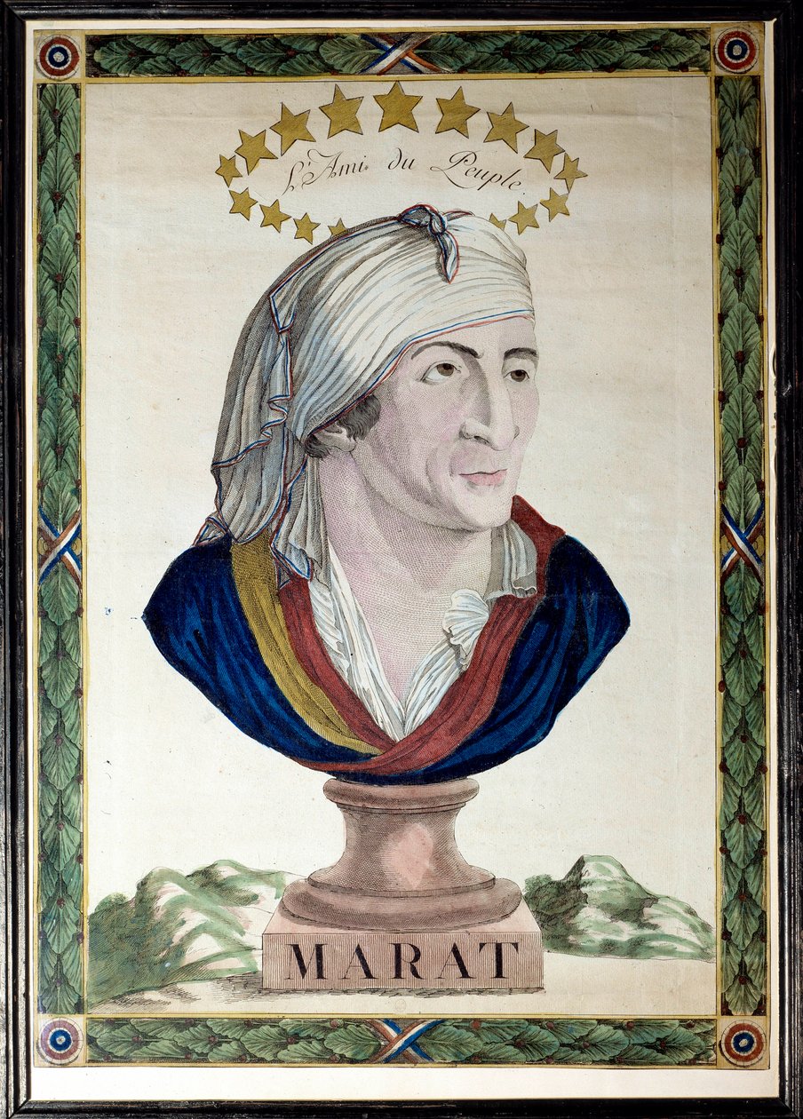Portrett av Jean Paul Marat, fransk lege, journalist og politiker (1743-1793), folkets venn. Etsning med sterkt vann og meisel fra 1700-tallet. Paris, Musee Carnavalet. av French School