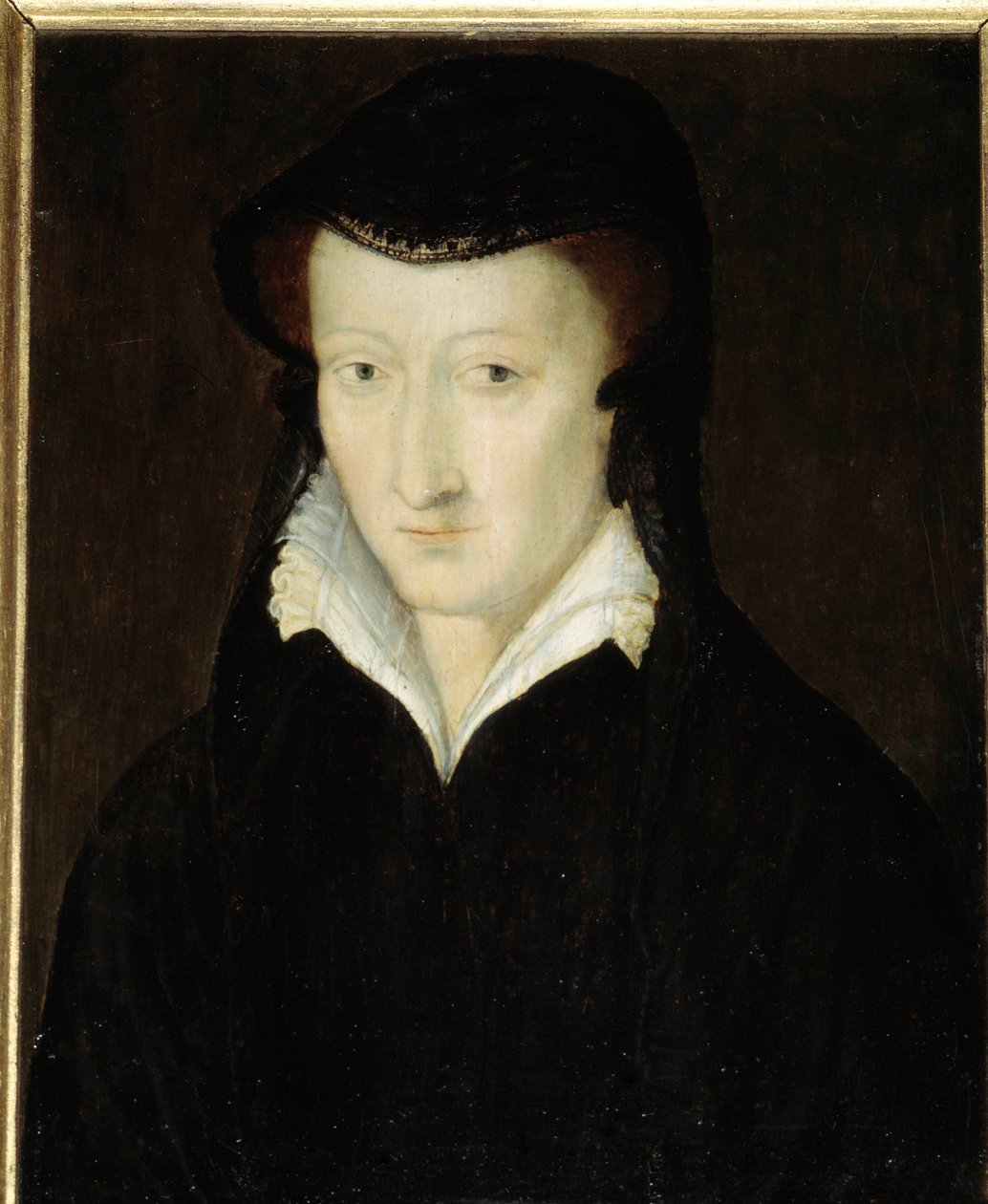 Portrett av Jeanne av Albret, suveren prinsesse av Bearn, dronning av Navarra (1582-1572), mor til Henrik IV, i enkens kjole etter 1562 ca. 1563-1570 Anonymt maleri av den franske skolen. Det 16. århundre. Dim. 0,18x0,14 m. av French School