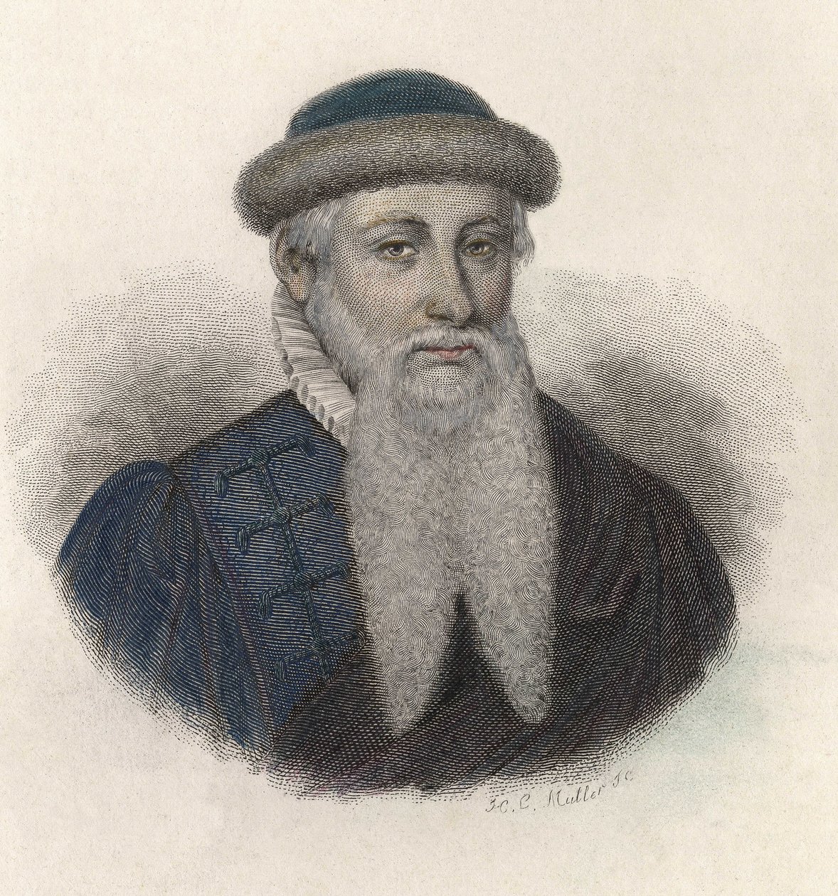 Portrett av Johannes Gensfleisch dit Gutenberg (1394/99-1468), tysk boktrykker. I "" Portretter av nyttige menn"" av French School
