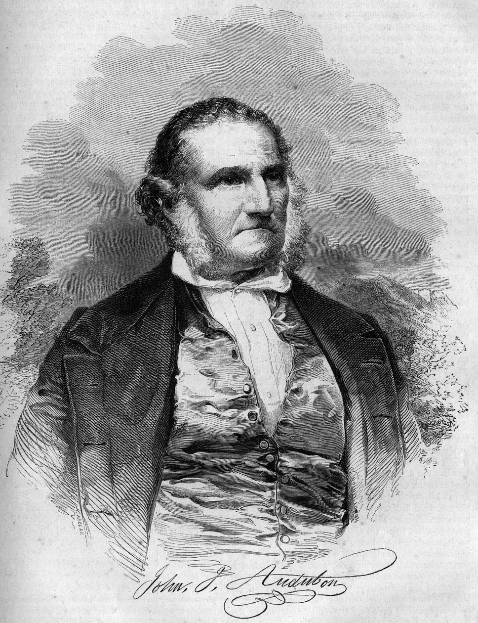 Portrett av John James Audubon (1780-1851), amerikansk ornitolog. Gravering i "" Le Magasin pittoreske"" av French School