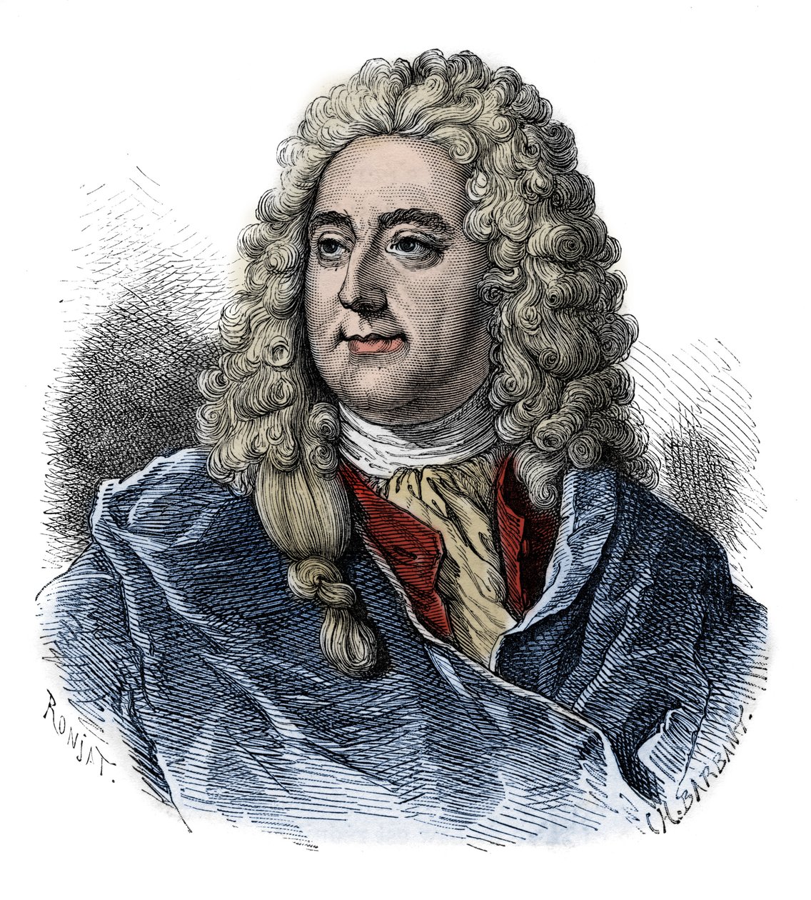 Portrett av John Law (1671 - 1729) finanskontrollør, skotsk finansansvarlig for konkursen (Event of The Rue Quincampoix) - gravering fra "" L'histoire de France contee à mes grandenfants"" - av Francois Guizot - 1872-1876 av French School