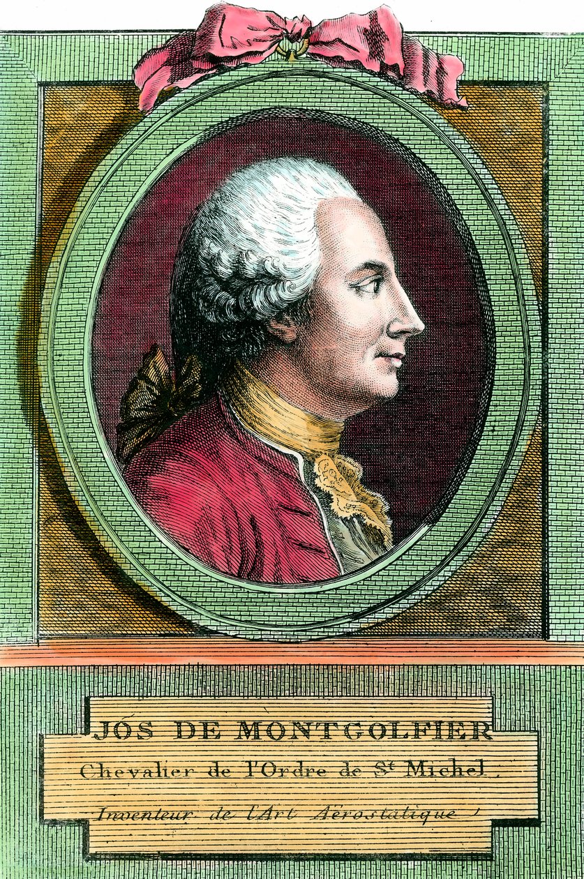 Portrett av Joseph de Montgolfier (1740 - 1810) oppfinneren av luftballongen. Gravering fra 1700-tallet. Privat samling. av French School