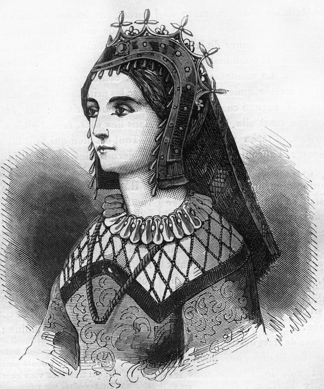 Portrait of Judith of France (843-870), Queen of Wessex then Countess of Flanders. Engraving in “Histoire de la prostitution et de la debauche dans les peuples du globe depuis l