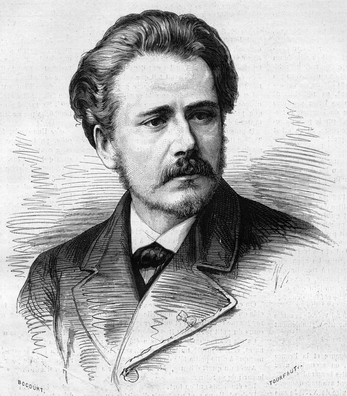Portrett av Jules Massenet (1842-1912), fransk komponist. Gravering i "" Le Monde Illustré"" nr. 1047 av 5. mai 1877. av French School