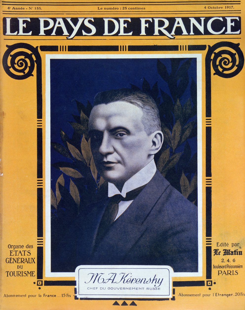 Portrett av Kerensky, forside av det franske magasinet Le Pays de France, 4. oktober 1917 av French School
