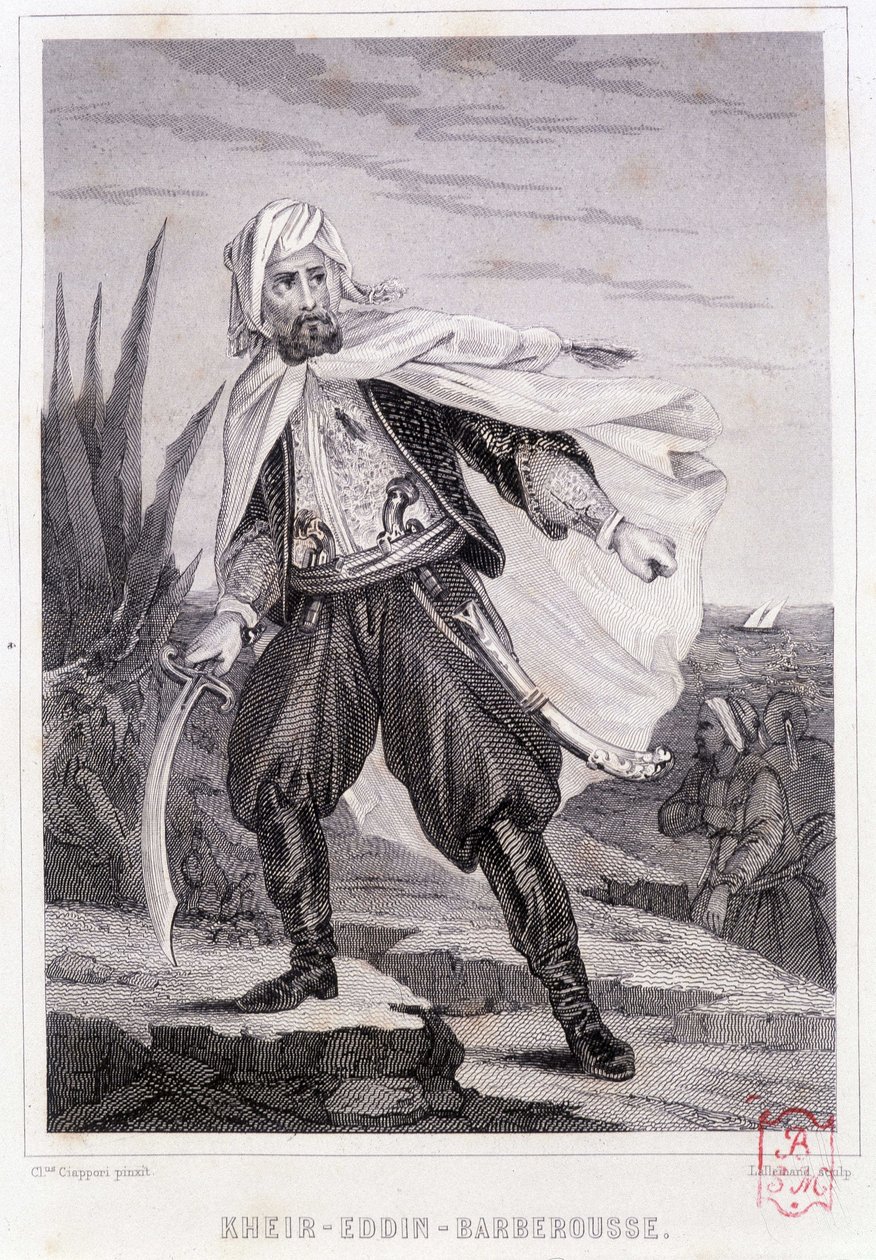 Portrett av Kheir - Eddin - Barberousse, tyrkisk pirat fra 1500-tallet - i "" History of the pirates and corsairs of the Ocean and the Mediterranean"" av P. Christian, Paris, D. Cavaillés ed., bind 1 av French School