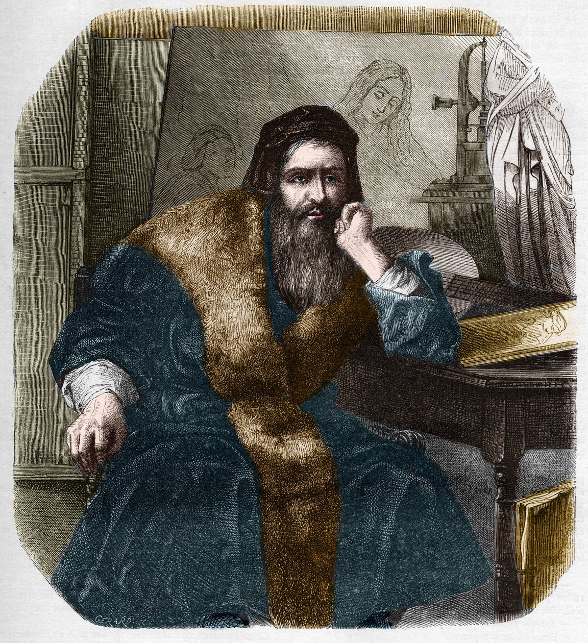 Portrett av Leonardo da Vinci (Leonardo da Vinci) (1452-1519). av French School