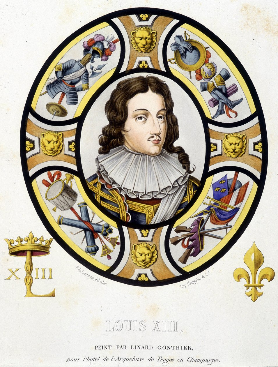 Portrett av Ludvig XIII, konge av Frankrike (1601-1643). Faksimile av et glassmaleri fra middelalderen i «Histoire de la peinture sur verre»» av Ferdinand de Lasteyrie av French School