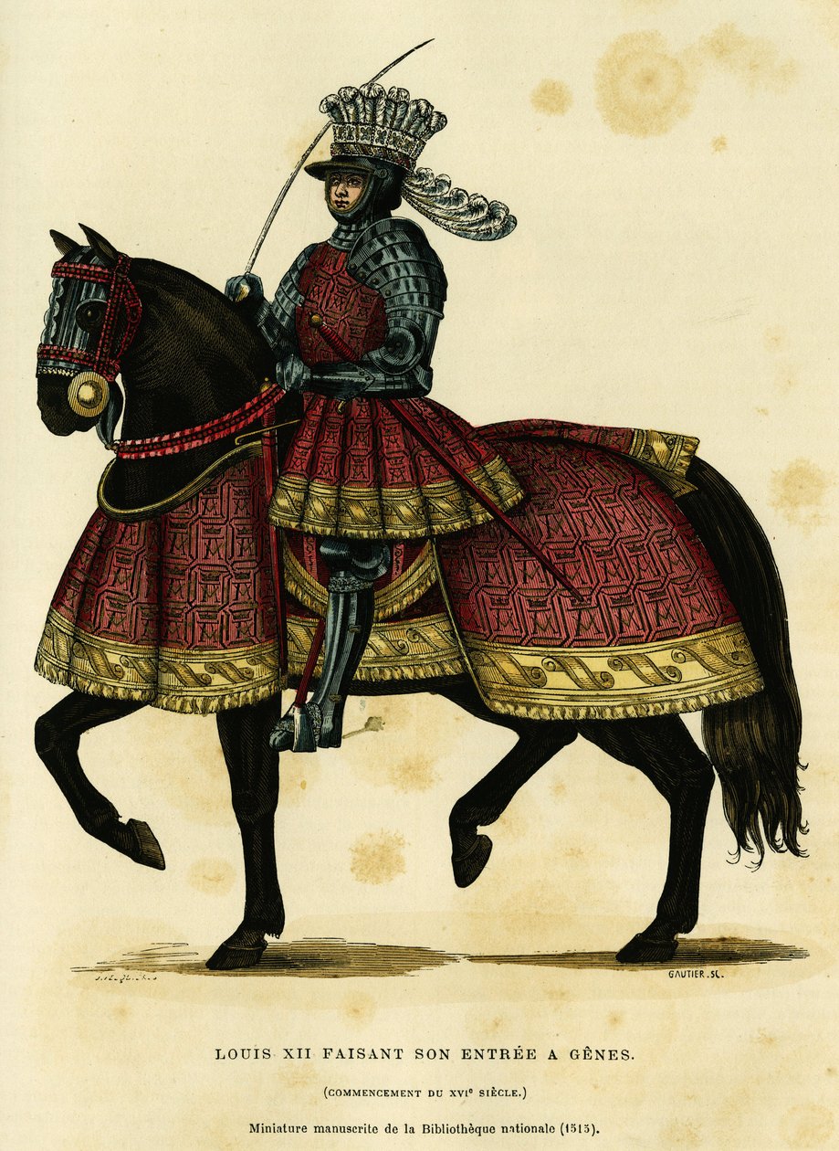 Portrett av Ludvig XII, konge av Frankrike (1462-1515), på vei til Genes 26. august 1502. Fargegravering etter et miniatyrmanuskript av nasjonalbiblioteket (1515), i «France et les francais a travers les centuries» av Augustin Challamel, F.Roy av French School