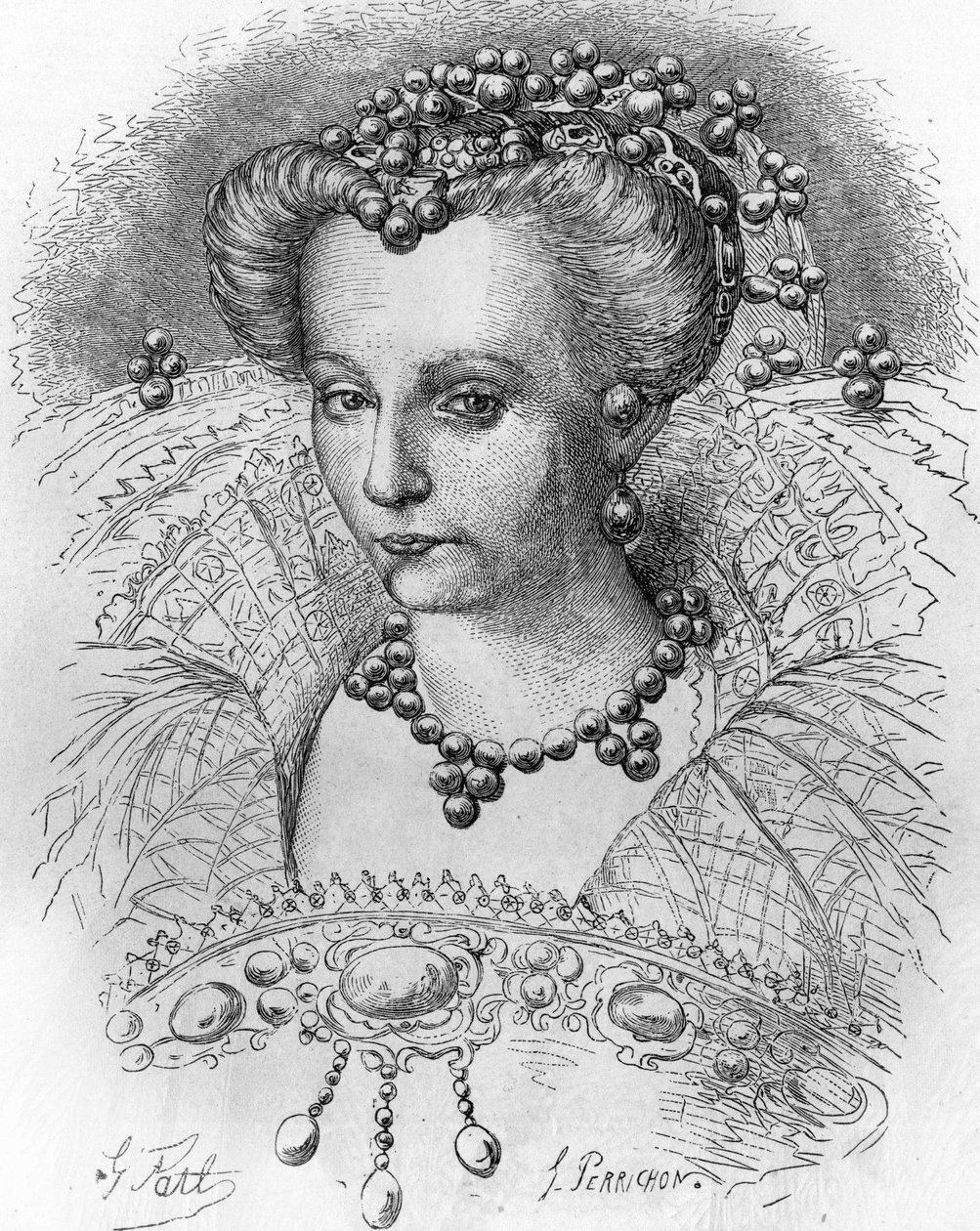 Portrett av Louise de Lorraine (1553-1601), kone til Henri III. I ""Frankrikes populære historie"", nd. ca 1885. Gravering. av French School