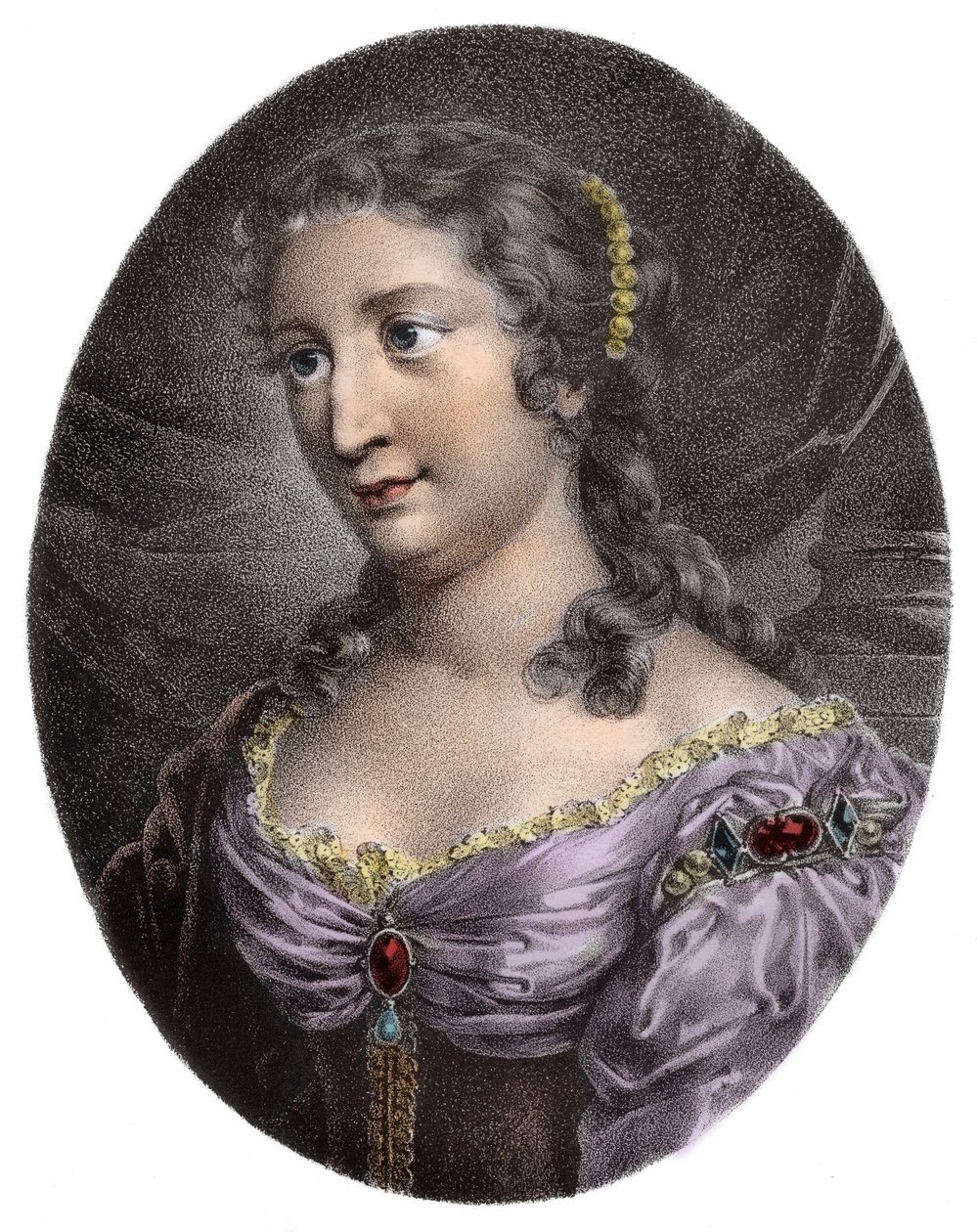 Portrait of Madame de La Fayette, French novelist (engraving) - Marie-Madeleine (Marie Madeleine) Pioche de La Vergne, Comtesse de Lafayette (Madame de la Fayette) (1634-1693). Engraving of the 19th century. av French School