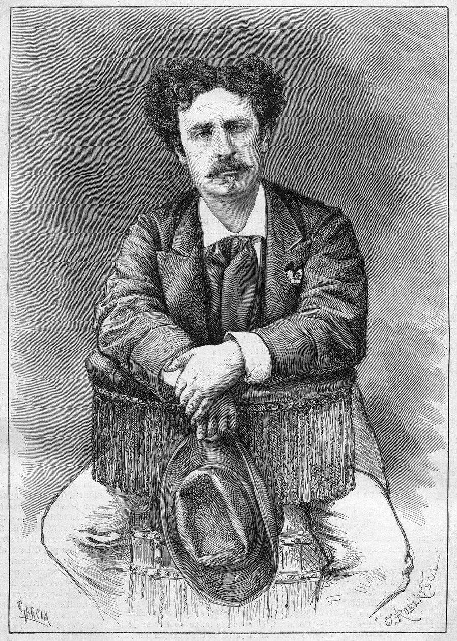 Portrett av Mariano Fortuny (1838-1874), spansk maler. Gravering i "" Le Monde Illustré"" nr. 921 av 5. desember 1874. av French School