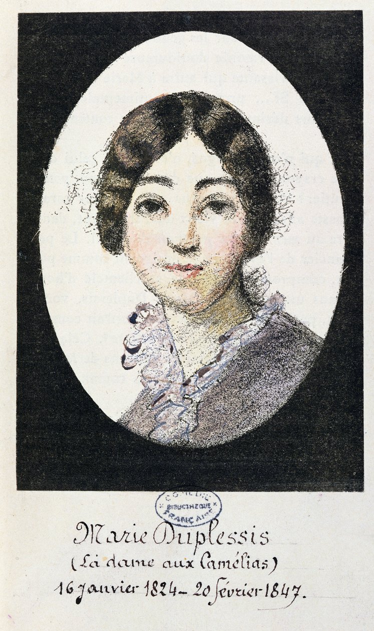 Portrett av Marie Duplessis (1824-1847) også kjent som La Dame aux Camelias, 1847 av French School