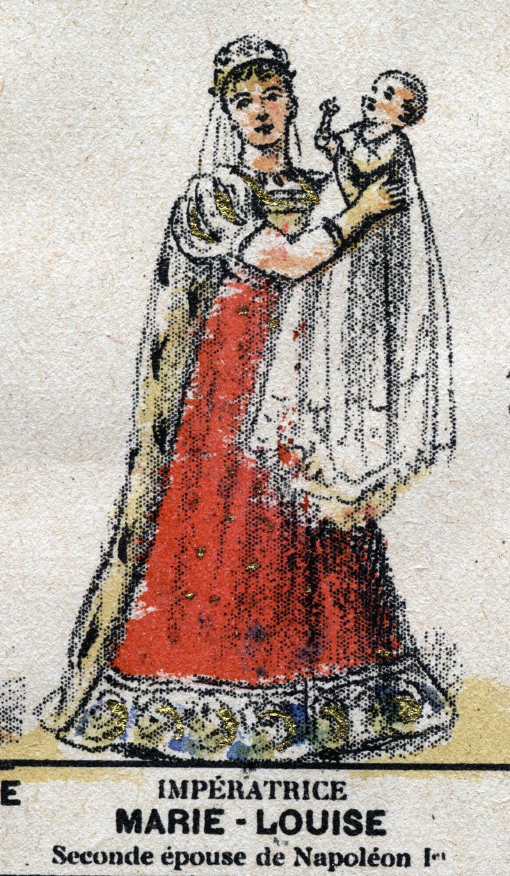 Portrett av Marie Louise av Østerrike (1791-1847), kone til Napoleon I med sønnen Napoleon II. I "" Gallery of Kings and Queens of France og berømte karakterer fra 1643 til 1895"" Epinalt bilde. av French School