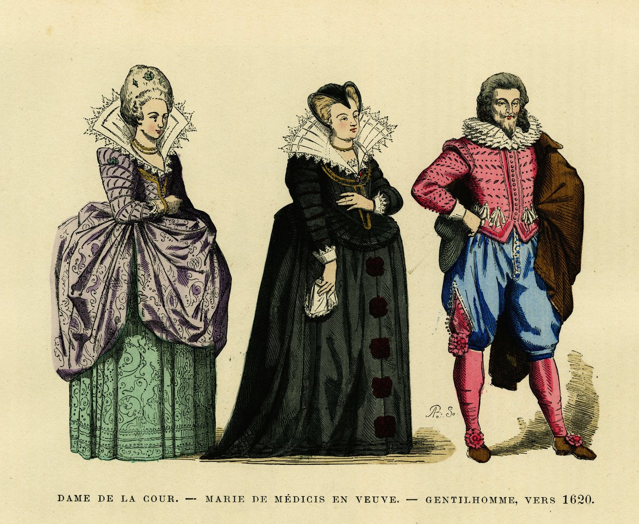 Portrett av Marie de Medicis (1573-1642), dronning av Frankrike, i enkens vane, omgitt av en hoffdame og en herremann, ca. 1620. Fargegravering, i «France et les francais a travers les siecles»» av Augustin Challamel, F.Roy-redaktør, Paris 18 av French School