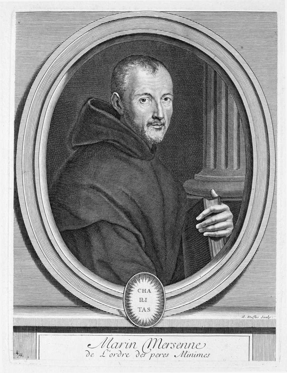 Portrett av Marin Mersenne (1588-1648) gravert av Duflos av French School