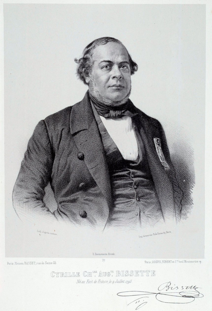 Portrett av den Martinicesiske politikeren Cyrille Charles Auguste Bissette (1795-1858), en stor tilhenger av avskaffelsen av slaveriet i Frankrike. Gravering av Chartres fra 1800-tallet, Musee des Beaux Arts av French School