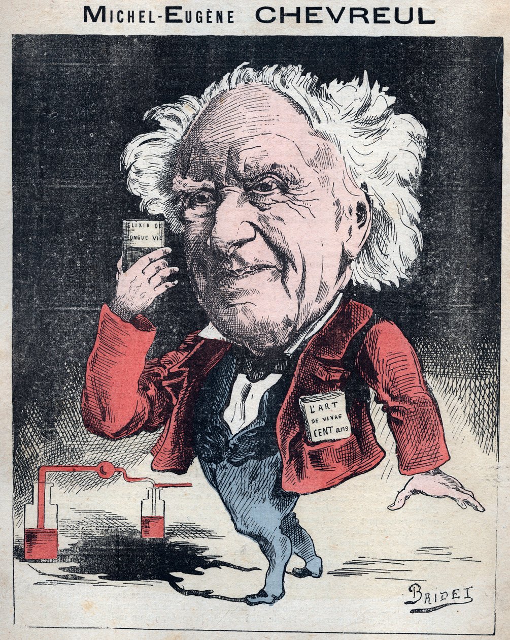 Portrett av Michel Eugene (Michel-Eugene) Chevreul (1786-1889), fransk kjemiker - Karikatur av Bridet i «Les Hommes d