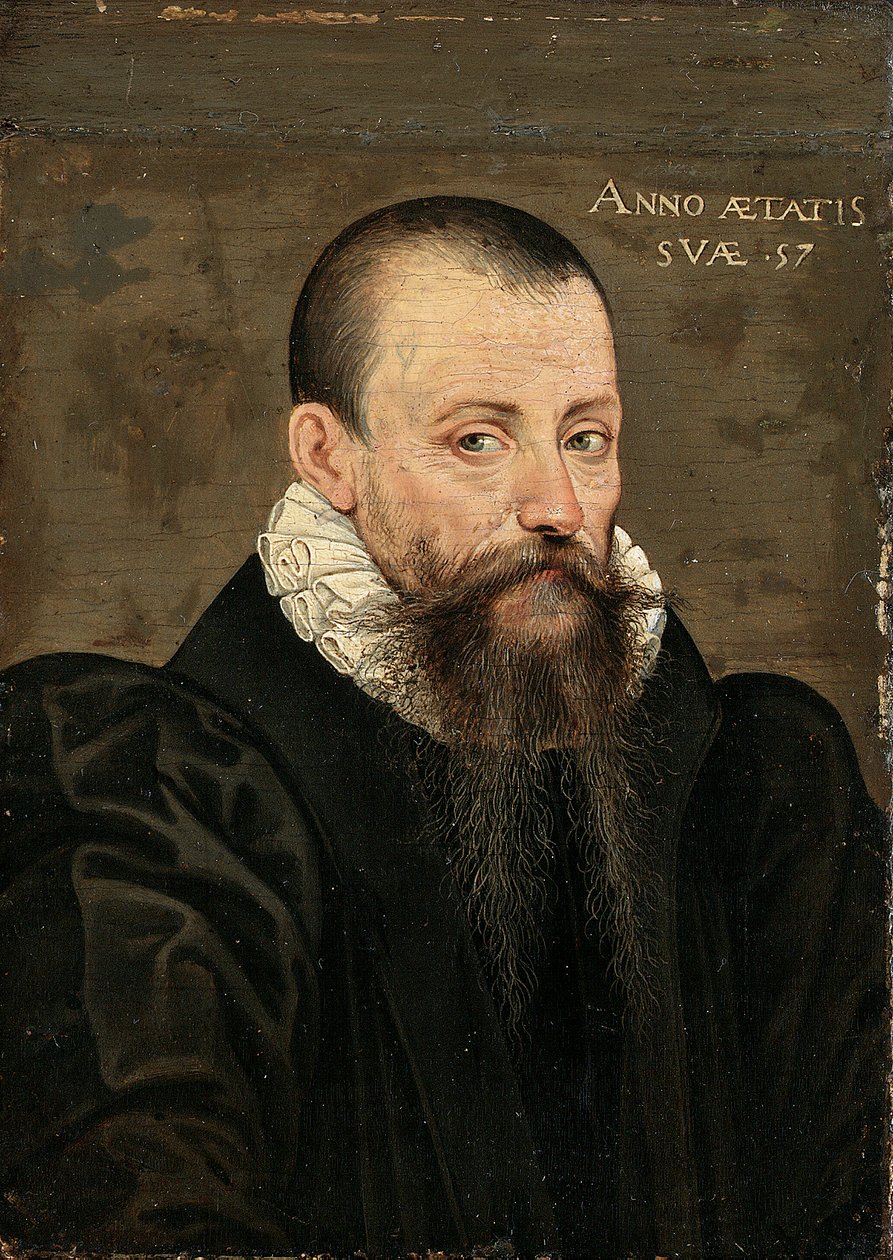 Portrett av Michel Eyquem de Montaigne (1533-1592), 57 år gammel, liten halv lengde, i svart kostyme og hvit krage (olje på panel) av French School