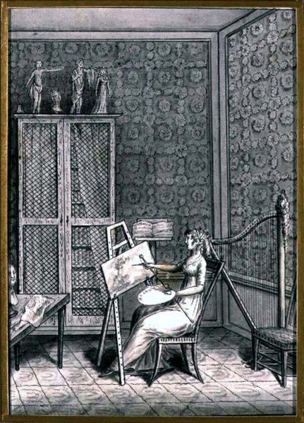 Portrett av Mme. Marie-Anne-Marguerite Gerard (1761-1837) i studioet hennes, ca. 1790 (penn og blekk med vask på papir) av French School