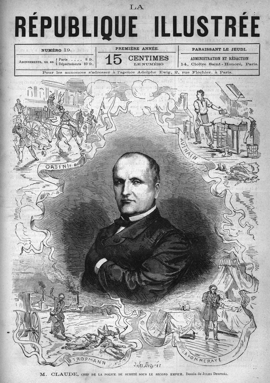 Portrait of Monsieur Claude (Antoine Francois Claude dit) (1807-1880), French policeman and writer, chief of the security police under the Second Empire. A newspaper. Engraving from 1880 in “La republique illustree”” private collection. av French School