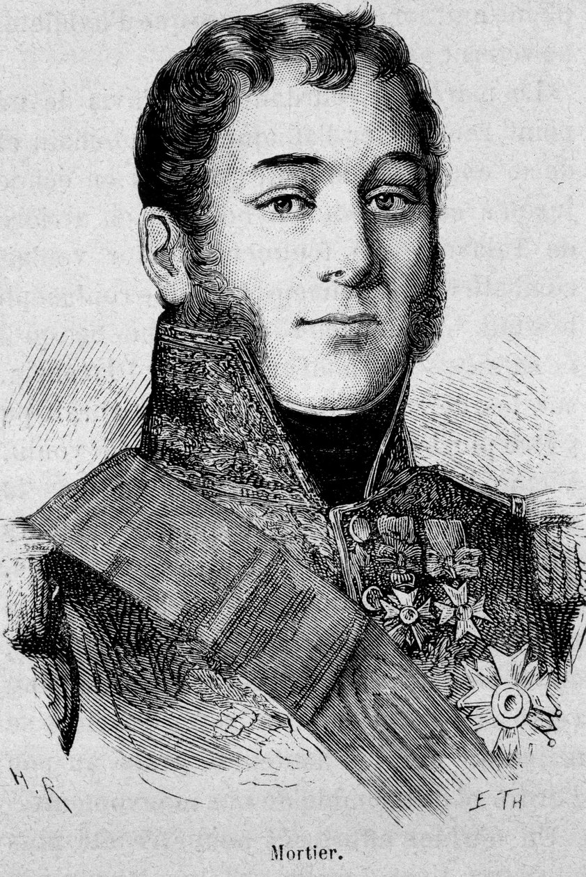 Portrett av Mortier, hertug av Treviso (1768 - 1835), marskalk av Frankrike, drept under angrepet av Fieschi - i "The History of France" av Henri Martin av French School