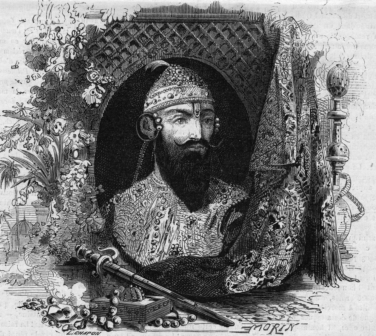 Portrett av Nana Saheb (Nana Sahib) (ved hennes virkelige navn Dhundu Pant) (ca. 1820-?), leder av det antikoloniale opprøret til Cipayas i India. Gravering i "" Le Monde Illustré"" nr. 331 av 15. august 1863. av French School